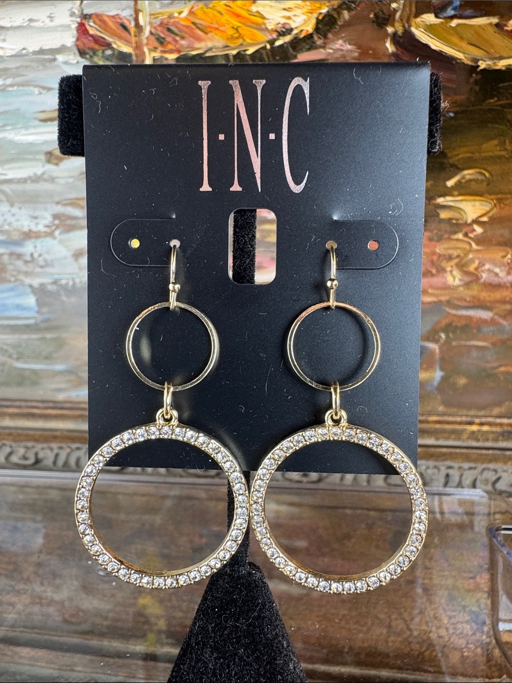 0684-INC International Concepts Gold Crystal Double Hoop Drop Earrings